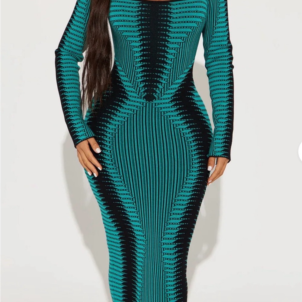 Fashion Nova Teal and Black Long Sleeve Dress